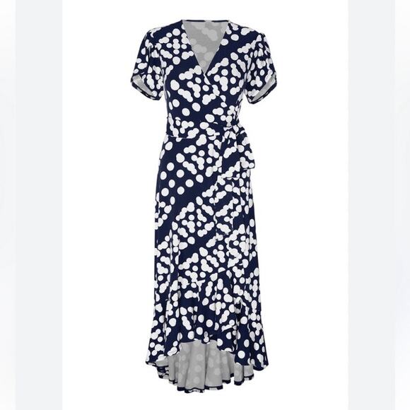 CAbi Blue&White Dot Print The Perfect Wrap Dress Sz.XL - Picture 2 of 16
